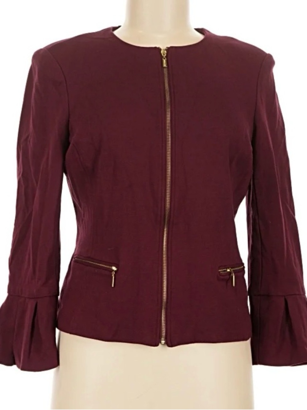 Roz & Ali Maroon Zip-Front Peplum-Sleeve Jacket